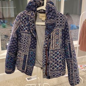 Anthropologies velvet puff jacket, vintage prints.